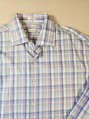 Camisa Peter Millar Para Hombres XL Manga Larga Botón Frontal Cuadros 100% Algodón Foto 1 de 4