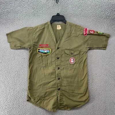 Vintage Boy Scouts America Shirt Medium 50s 60s Uniform Patches Army Green * - Image 1 of 4