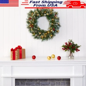 Artificial Christmas Wreath Prelit 35 LED Lights Pine Berries Holiday Decor New - Picture 1 of 3