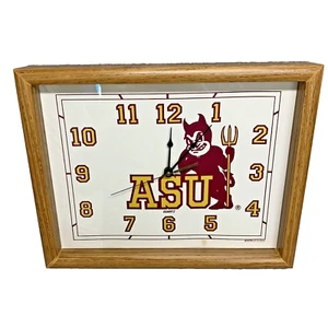 70s Vintage Arizona Sun Devils ASU Wood Framed Glass Quartz Wall Clock 14" X 11" - Picture 1 of 13