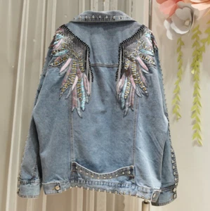 Embroidered Feather Wings Denim Jacket Beaded Indie Hippie Tassel Studs Festival - Picture 1 of 9