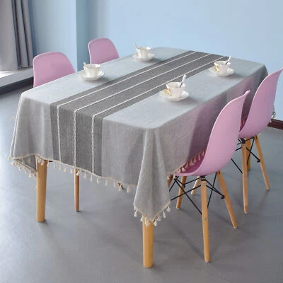 Cotton Linen Rectangle Tablecloth Striped Tassel Table Cloth Home Dust Cover - Image 1 of 4