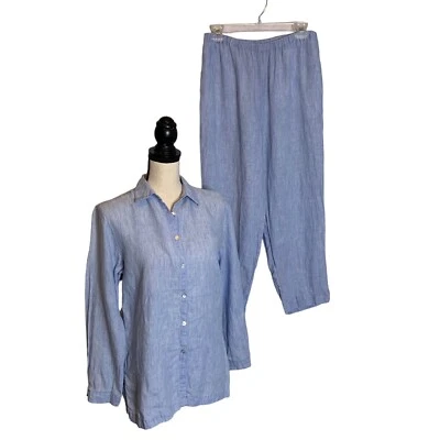 Marsh Landing Pant Set Womens PM Blue Linen Shirt Pants Vintage - Image 1 of 4