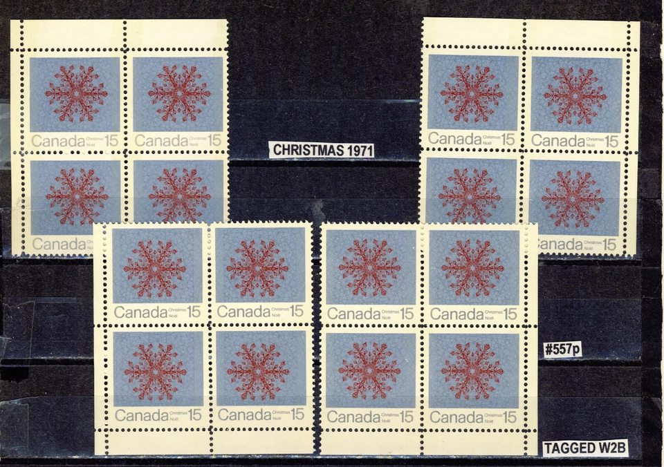 1971 #557p TAGGED W2B 15¢ SNOWFLAKE CHRISTMAS ISSUE MS CORNER BLOCKS F-VFNH - Image 1 of 1