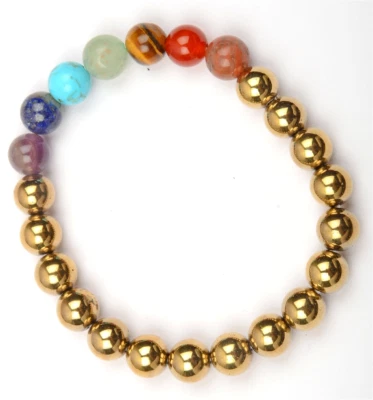 Seven Chakra手链金色赤铁矿可伸缩手链7英寸8毫米珠子 — 第 1/4 张图片