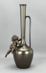 Antique Vintage KAYSER & SOHN BRONZE Metal VASE with Applied CHERUB - H. 34cm - Picture 1 of 13