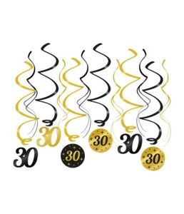 12 X 30TH BIRTHDAY BLACK & GOLD HANGING WHIRLS BIRTHDAY PARTY DECORATIONS - 70CM - Picture 1 of 2