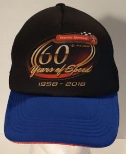 PREMIER SPEEDWAY 60 Years of Speed Mesh Snapback Truckers Cap Hat Black & Blue - Picture 1 of 5