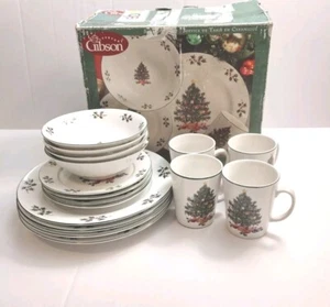 Gibson Noel Morning Christmas 16 Piece Stoneware Set Dinner Plates Bowls Cups - Picture 1 of 13