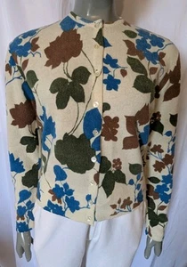 Vintage 1950s Wondamere Multi Color Leaf Print Cardigan S/M - Picture 1 of 11