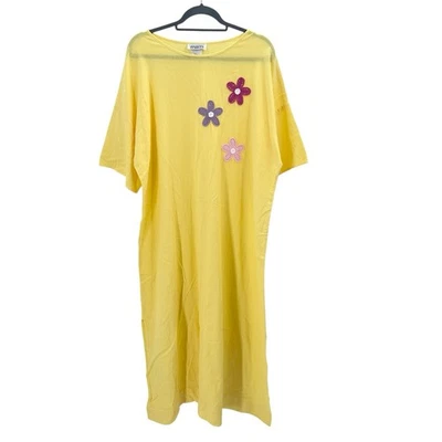 Vintage 70s Habits Yellow Crinkle Embellished House Beach Maxi Shirt Dress Large - Image 1 of 4