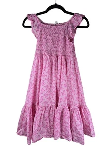 J. Crew Crewcuts Smocked Girls Tiered Ruffle Midi Dress Sz 10 Pink Fish Coastal - Picture 1 of 5