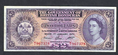 1972 BRITISH HONDURAS $2 ~ P-29c ~ QUEEN ELIZABETH ~ NICE CRISPY EXTREMELY FINE - Image 1 of 2