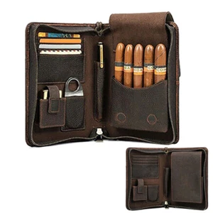Genuine Leather Passport Cigar Case Travel Humidor Set Lighter Cutter Pocket box - Picture 1 of 12