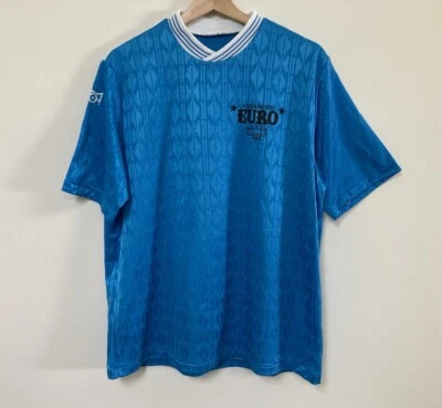 Vintage 90s Shirt Soccer Jersey Large Shiny  Blue White 1992 Euro Soccer Schools - Image 1 of 4