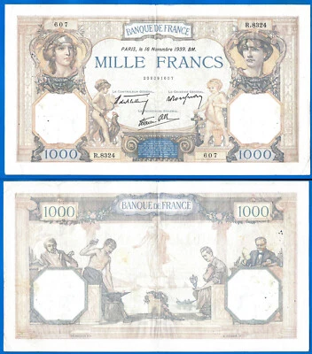 France 1000 Francs 1939 Great Banknote Ceres Mercure Europe Frcs Free Ship World - Image 1 of 3