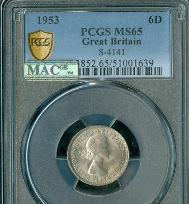 1953 GREAT BRITAIN  6 PENCE PCGS MS65 PQ MAC SPOTLESS . - Image 1 of 2
