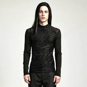 PUNK RAVE Sacral Mesh Top Longsleeve Schwarz Transparent Flockprint GOTHIC - Picture 1 of 8