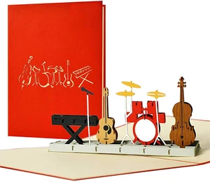 3D POP UP Klappkarte *Bandauftritt* Musik-Instrument Gitarre Klavier Schlagzeug - Bild 1 von 4