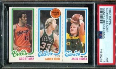 1980 Topps Scoring Leader S. May, Larry Bird, Jack Sikma PSA 7 - Image 1 of 2