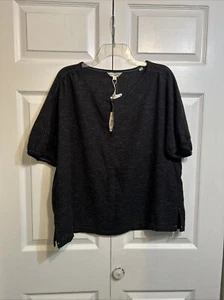 NWT Max Studio London Blouse Top Size L Large Linen Blend Short Sleeve Black Whi - Picture 1 of 12