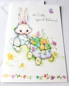 Tarjeta de felicitación vintage Pascua Mary Hamilton conejito con carro lleno de huevos - Imagen 1 de 3