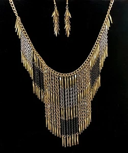 Vintage Bib Dangle Necklace and Earrings - Yellow Gold Bib Necklace and Earrings - Picture 1 of 4