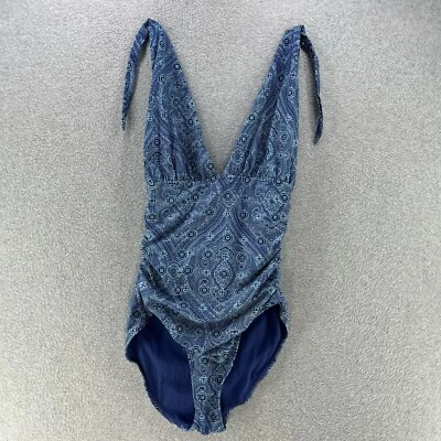 Old Navy Womens Swimsuit Medium M Blue Halter Strap 1 Piece Geometric Print - Image 1 of 4