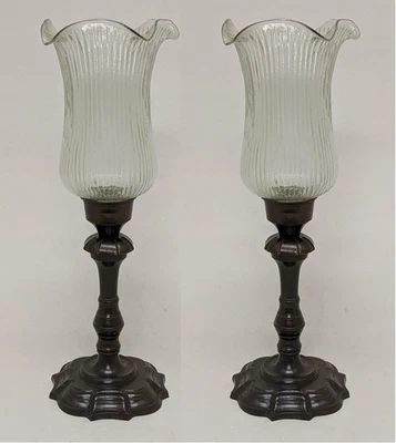 Candle Holder Bronze Patina Finish on Brass & Glass Shades  5.5"D 16"H Set/2 - Image 1 of 4