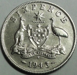 Australien 1943 S Sixpence Silber Emu & Känguru vz+ / xf+ + Kapsel - Picture 1 of 5