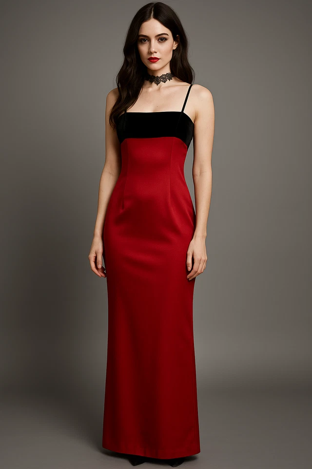 Vintage Y2K Alex Evenings Satin Velvet Formal Dress Gown Size 10 Red Black Prom - Image 1 of 4