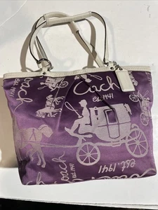 Coach Purple Signature Horse & Carriage Tote F14482 Purse Shoulder Bag Hobo - Picture 1 of 17