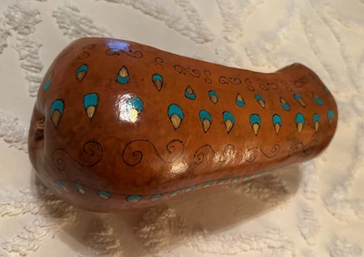 Primitive INDIGENOUS GOURD VESSEL Hand-Paint Folk Art Dish Naive Signed 10" OOAK - Image 1 of 4
