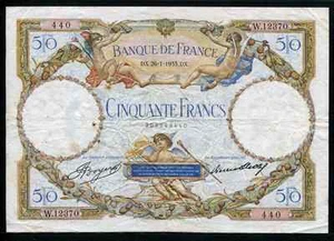 France 1933,  50 Francs, P80b, aVF(w.Pinholes) - Picture 1 of 3