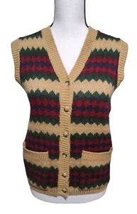 Donnkenny DK Gold Button Up Sweater Vest Tan Red Green Diamond Pattern SZ Small - Picture 1 of 10