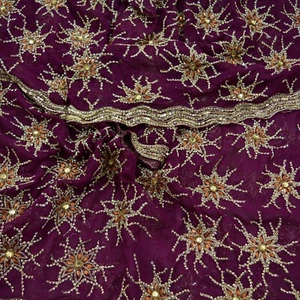 Vintage Heavy Purple Dupatta Pure Georgette Silk Long Stole Hand Embroidered - Picture 1 of 17