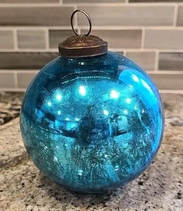 4” BLUE Round Mercury Glass Kugel Style Ornament - Picture 1 of 2