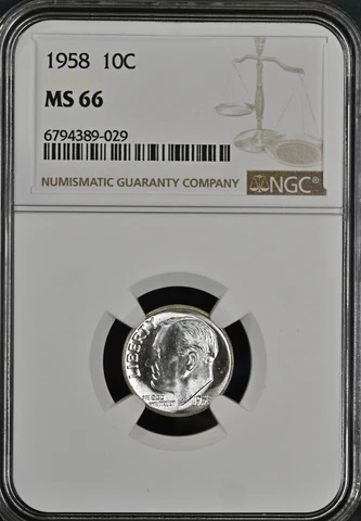 1958 Roosevelt Dime- NGC MS66 Cover