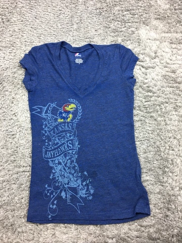 KU Jawhawk Shirt Womens Size Small Blue Short Sleeve Majestic Cover