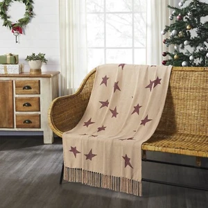 Gable Primitive Star Woven Throw 50x60 Cotton Blend VHC Brands Burgundy Tan - Picture 1 of 7