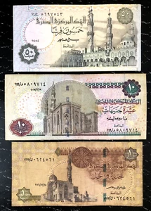 2008-16 EGYPT - SET OF 3 NOTES - 50 PIASTRES, 1, 10 POUNDS - VF/XF+ MB5 - Picture 1 of 2