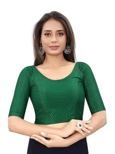 Round Neck Blouse Lycra Stretchable Elbow Sleeve Ready made Blouse Green Colour - Picture 1 of 6