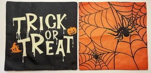Outdoor Indoor 2 Kissenbezüge Halloween Süßes oder Saures Spinnennetz 18 Zoll x 17,5 Zoll Neu - Bild 1 von 8