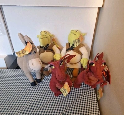 "Lote de 5 peluches Shrek 2 Elizabeth Dragon Donkey Wife 2004Nanco 7"" vintage nuevo con etiquetas" Foto 1 de 4