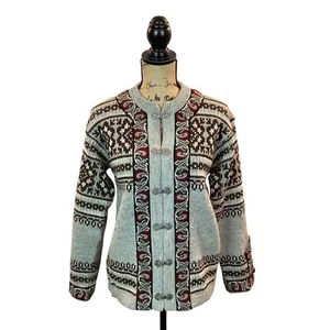 Nordstrikk Wolle Strick Cardigan Pullover Damen Medium Zinn Spangen grau & rot - Bild 1 von 10