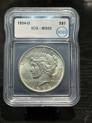 1934 D Peace Silver Dollar ICG MS62 - Image 1 of 2