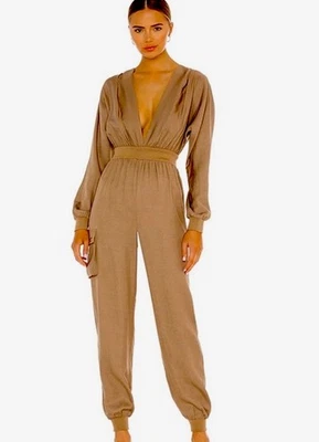 Mono Michael Costello X Revolve S Beige Taupe Escote Profundo Pierna Jogger Foto 1 de 4