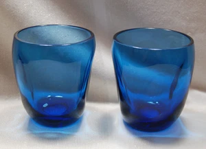 Pair Russel Wright Blue 4” Pinch Glass Tumblers MCM Set of 2 Vintage Glasses - Picture 1 of 6