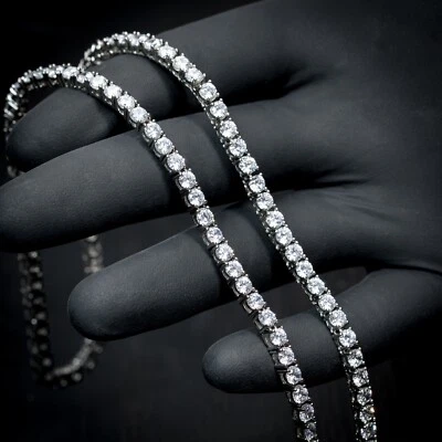 Mens Solitaire Iced Cz White Gold  Bling Hip Hop Silver Tennis Chain Necklace - Image 1 of 4