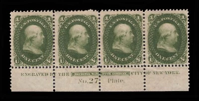 MOMEN: US STAMPS #63TC6i INTACT IMPRINT PLATE STRIP OF 4 MINT OG H LOT #94301 - Image 1 of 2